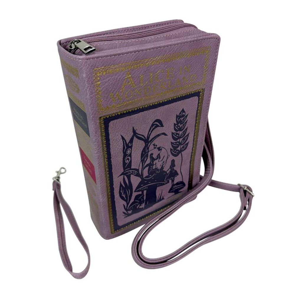 Book Shaped Crossbody Bag Alice in Wonderland Lavender Vinyl 9.25 In